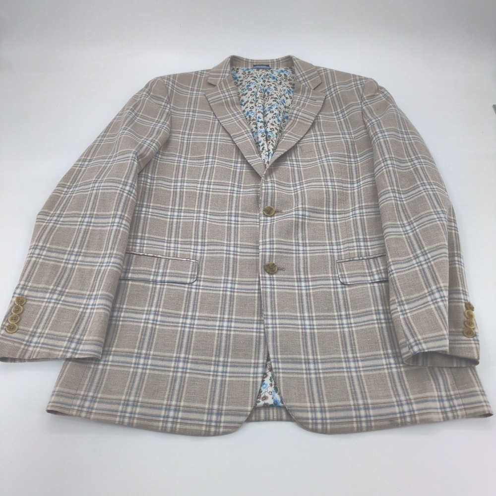 Crown & Ivy Men 42L Blazer Beige Blue Plaid Linen Blend Floral Lining Sport Coat
